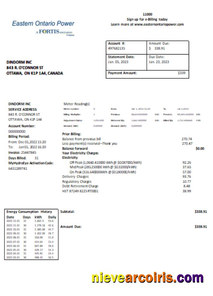 Eastern Ontario Power utility business bill